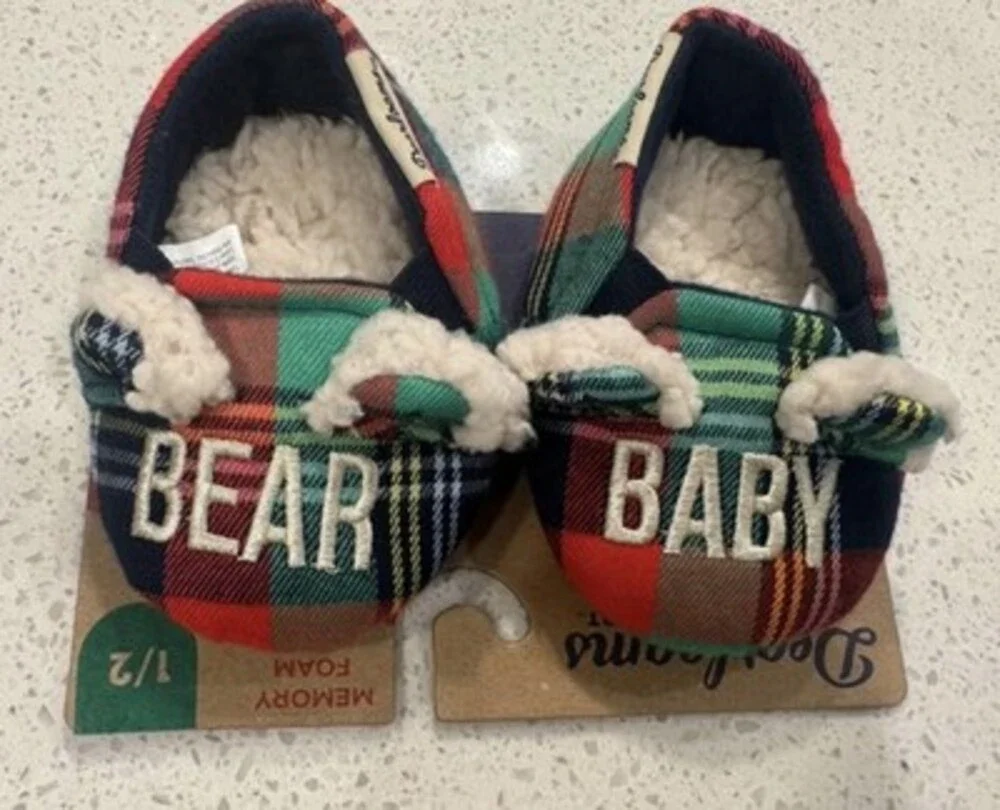 Dearfoams Baby Slip-On Slippers Plaid Faux Fur Lined Memory Foam 1/2